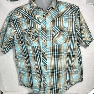 Vintage Wrangler Shirt Mens XL Teal Blue Plaid Pearl Snap Western Rodeo Casual